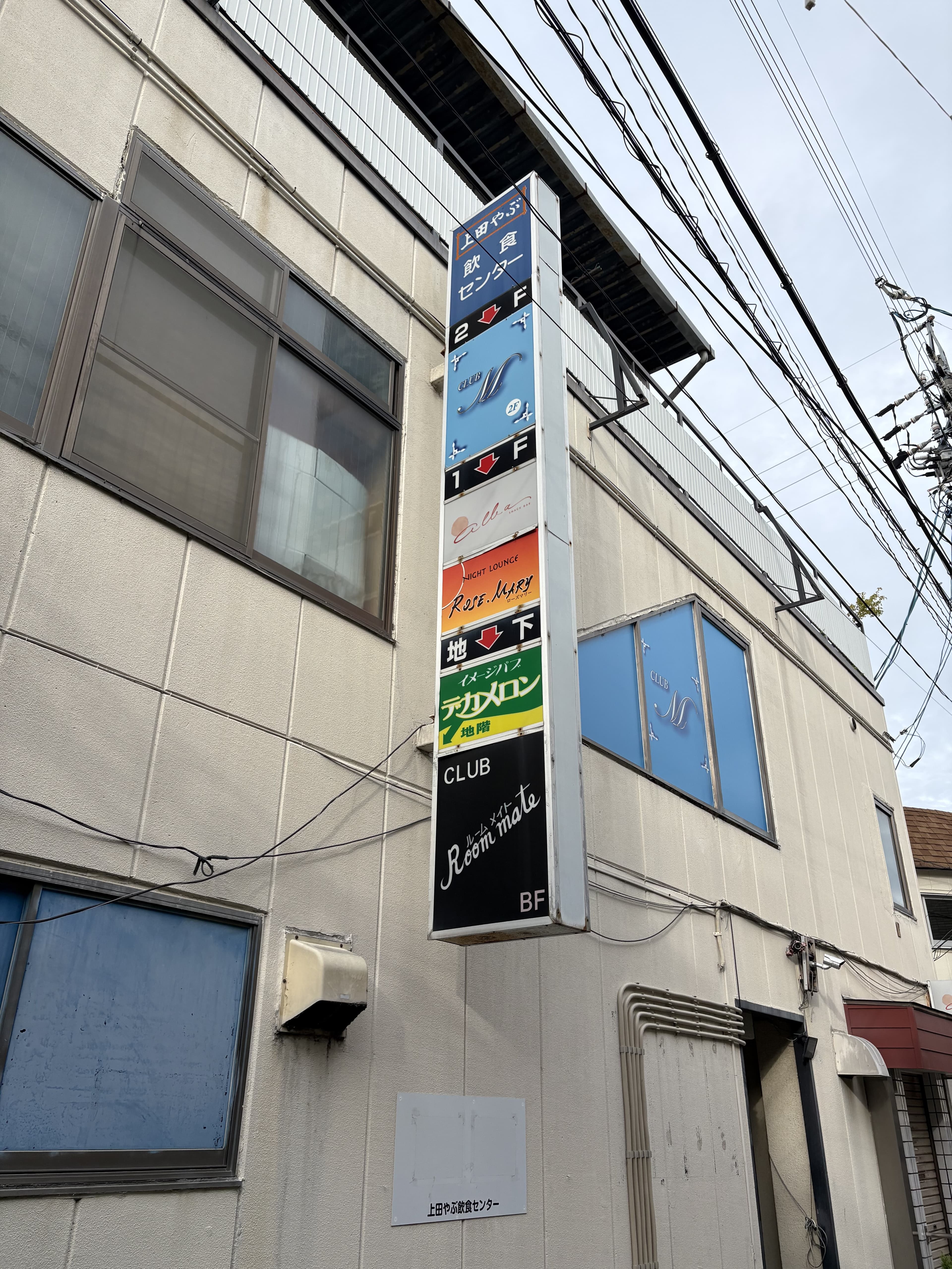 青いビル集合看板に複数店名が並ぶ上田市中心部の外壁看板