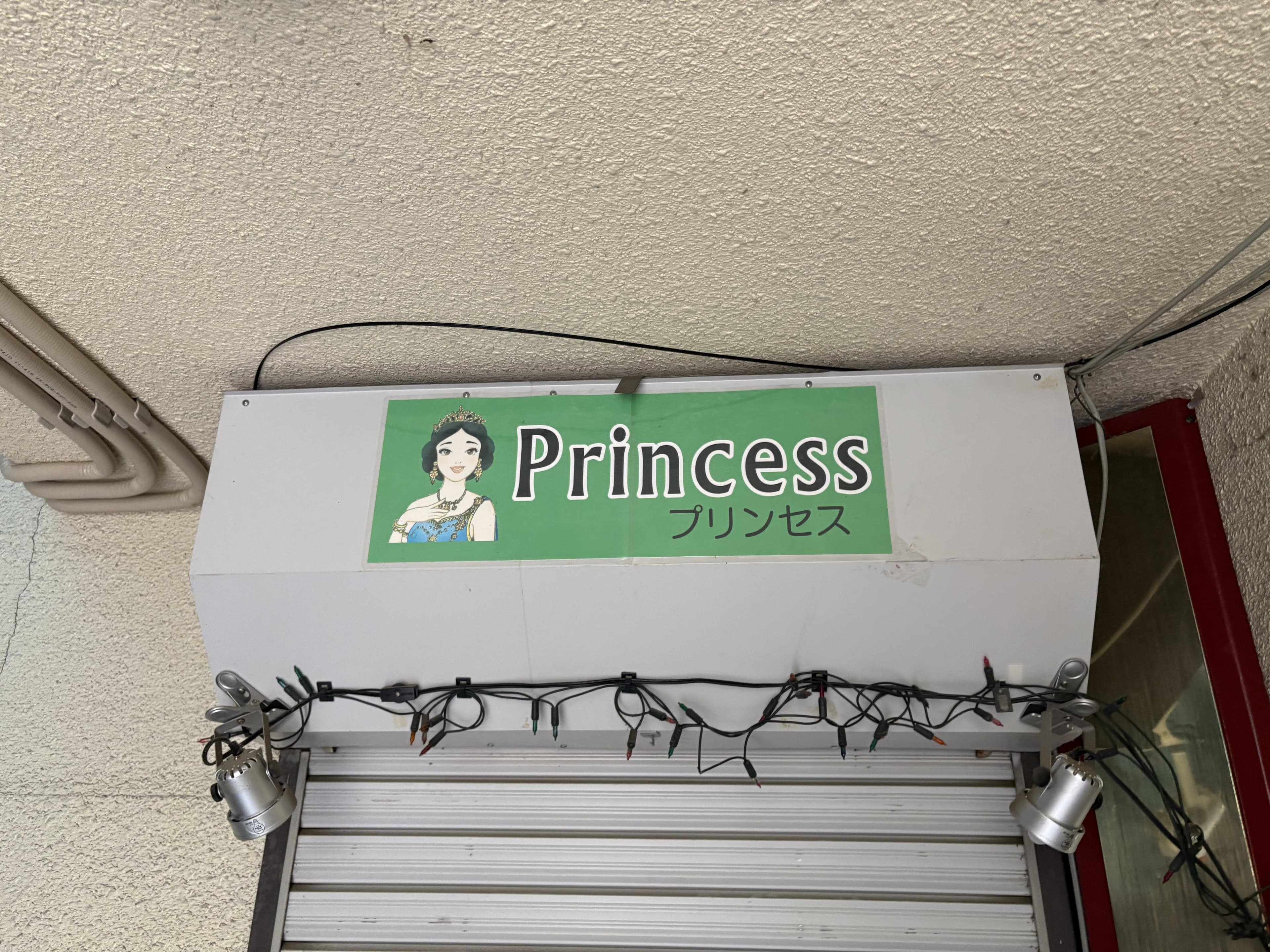 イラスト入りの緑帯が目を引く白い「Princess」看板