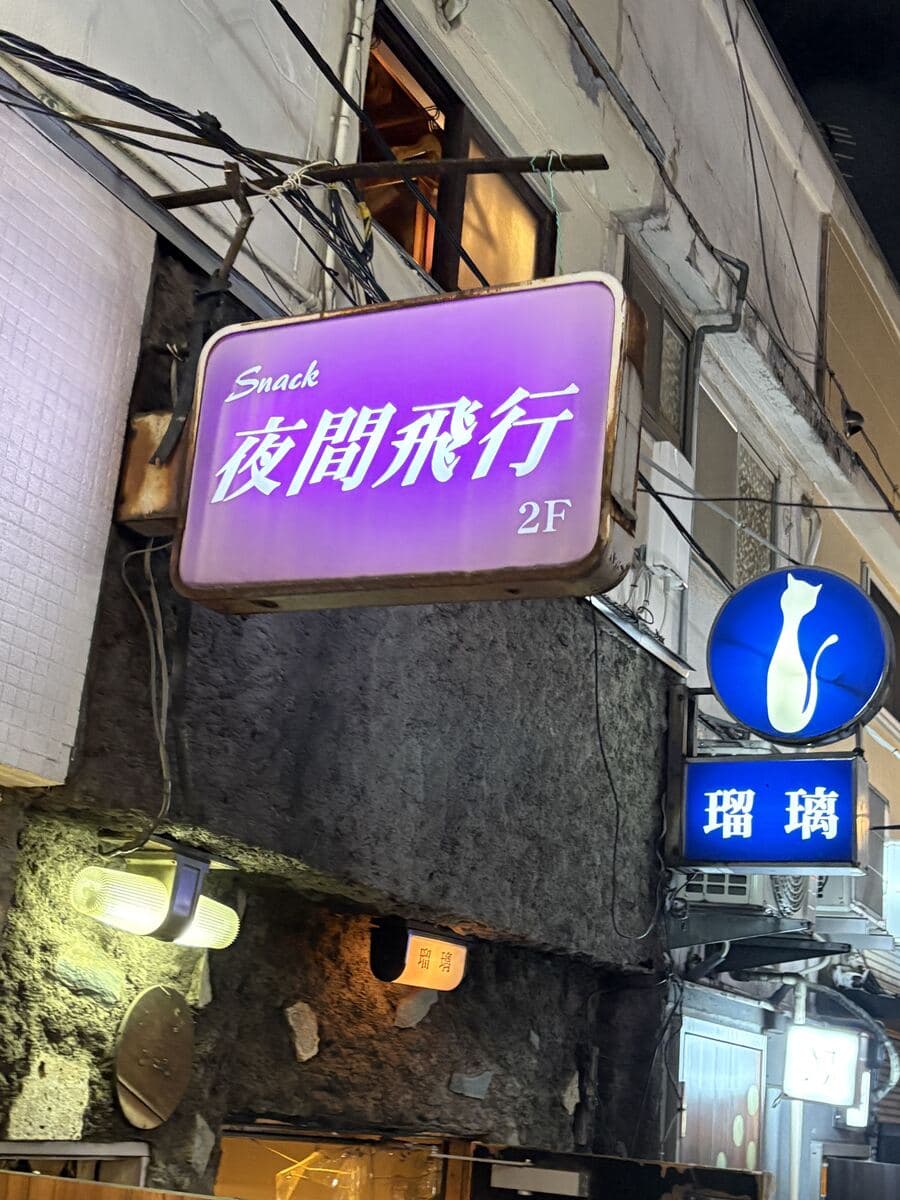夜間飛行と瑠璃の看板群
